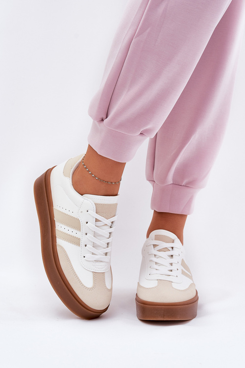 Sneakersy Damskie Eko Skórzane Na Platformie Beżowo-Białe Ediriella