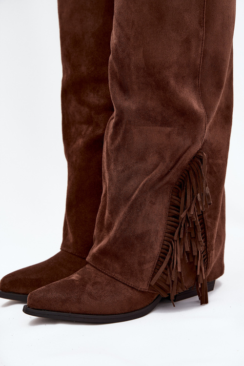 Women's Slip-On Cowboy Boots With Heels And Fringes Brown Zalia