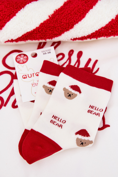 Women's Christmas Socks Bears in Santa Hat White