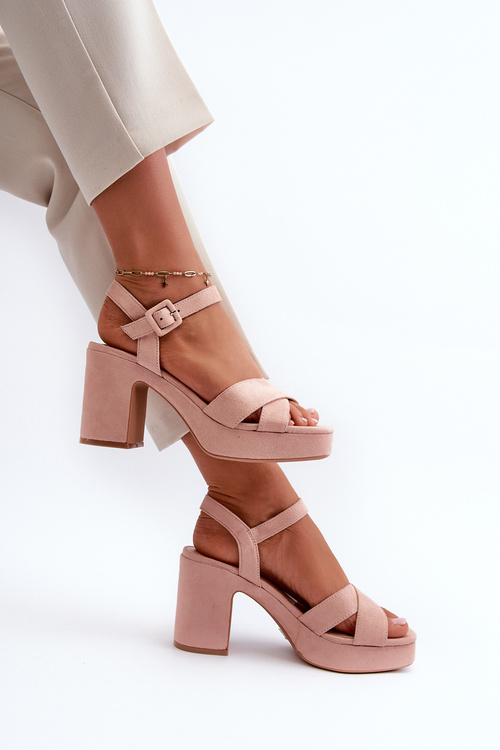 Women's sandals in faux suede on a block heel and platform pink Sakane