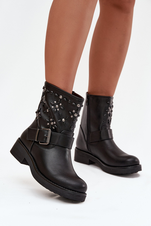 Embellished Women's Ankle Boots with Buckle Black Mivana