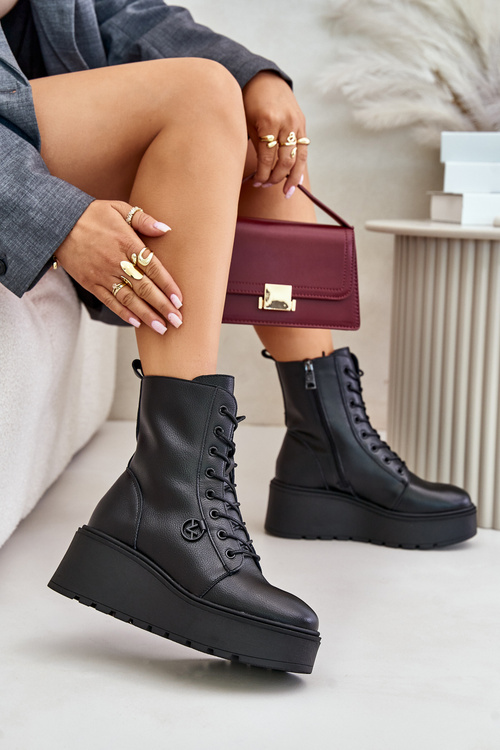 Botki Workery Ocieplane Skóra Naturalna Platforma Koturn Czarne Vinceza 58338