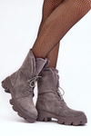 Workery Botki Sznurowane Zamsz Futerko Szare DA96P