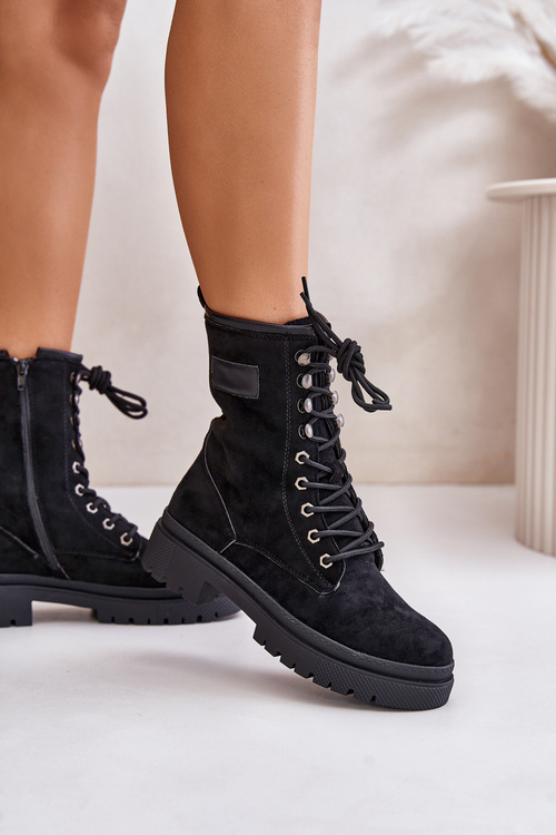 Women's Zip Up Worker Boots Made Of Eco Suede Black Savalann