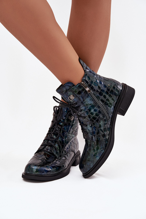 Patent leather women's ankle boots made of genuine leather D&A LZ52-962 navy blue