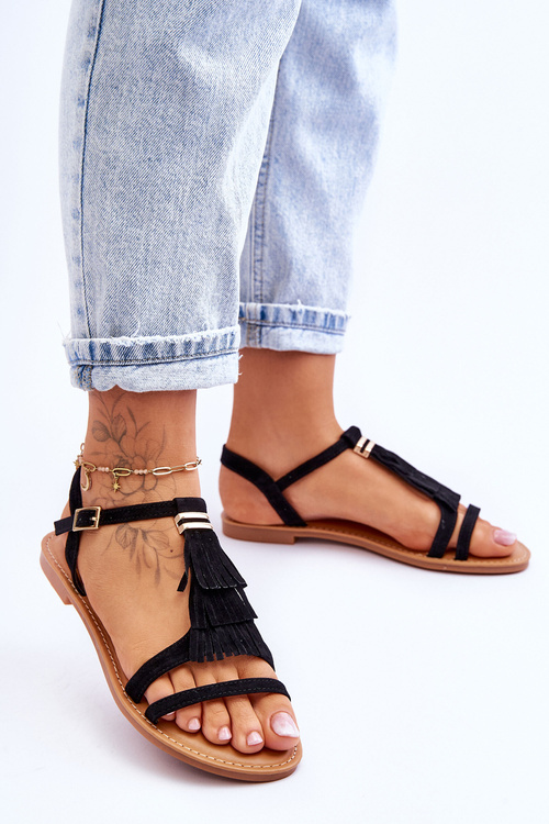 Women's Flat Suede Boho Sandals Black Lucami