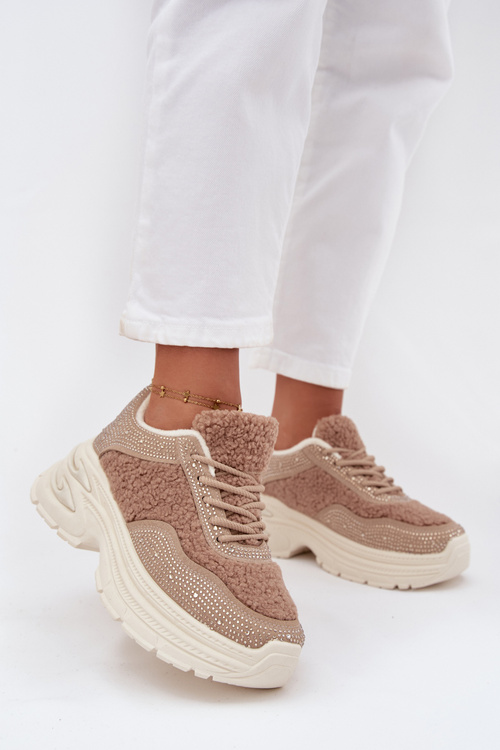 Women's Sneakers With Zirconia And Sheep Fur Beige Zarika