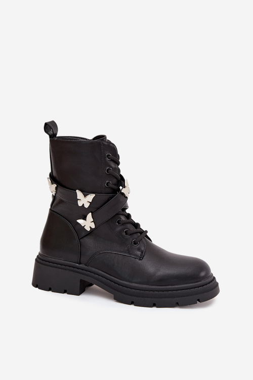 Insulated work boots with strap and silver buckles Black Kaelina