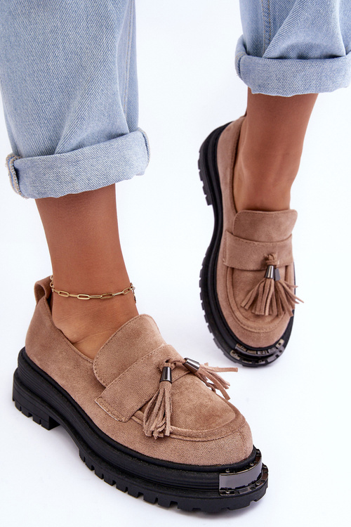 Półbuty Mokasyny Damskie Zamsz Beżowe Ramvli NC1322