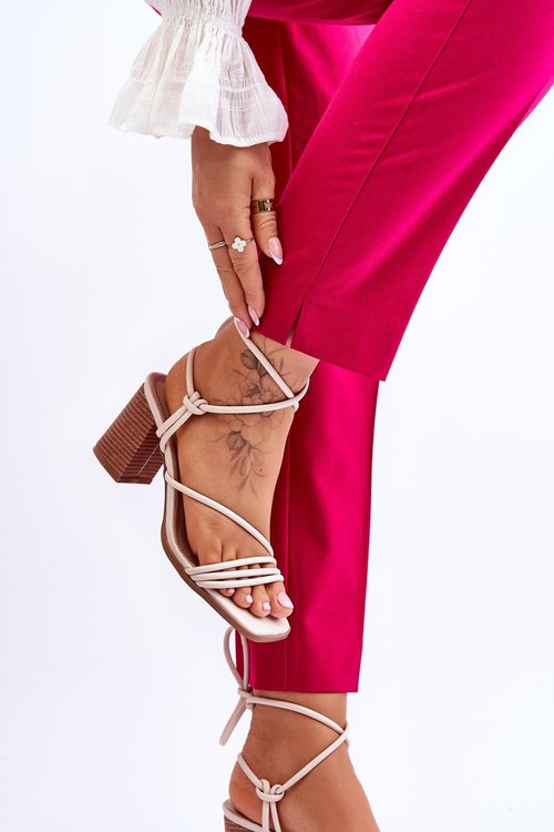 Women's Leather Sandals On Heel Beige Seyna