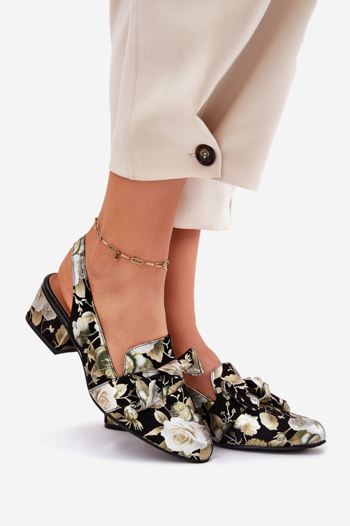 Leather Pumps With Flowers And Bow Black N6539-44