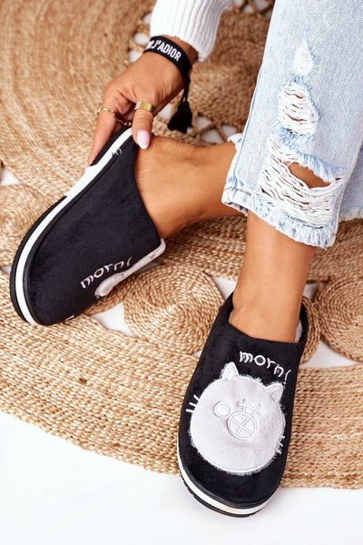 Velor Slippers With A Cat Black Good Morning