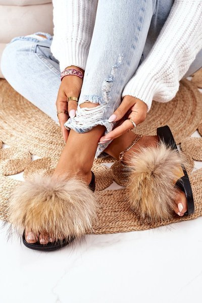 Klapki Naturalne Futerko Beżowe Elsa