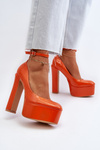 Orange Ninames Patent Leather Pumps on Chunky Platform and Heel