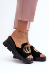 Women's Slippers Made Of Eco Suede On Wedge And Platform With Gold Decoration Vinceza 58295 Black