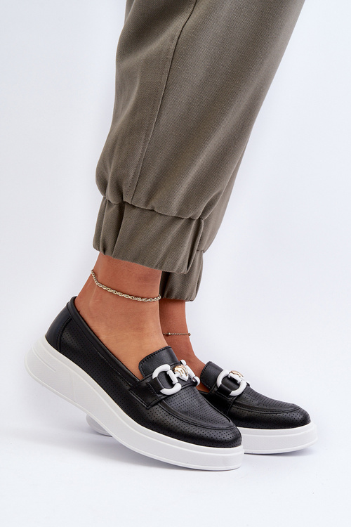 Mokasyny Na Platformie Damskie Skóra S.Barski LR720 Czarne