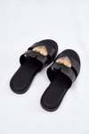 Damskie Klapki Płaski Obcas Złota Ozdoba Eko Skóra Czarne Karinma