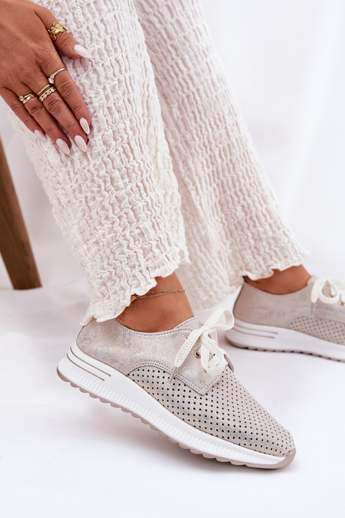 Półbuty Damskie Skórzane Na Platformie Beżowo-Złote Artiker 56C2113