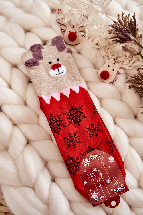 Women's Funny Christmas Socks Reindeer And Snowflakes Red-Beige