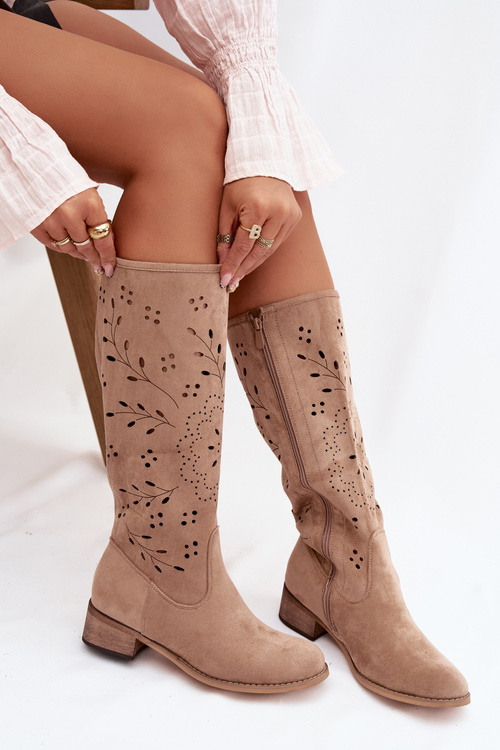 Openwork Women's Boots on Block Heel Khaki Helinna