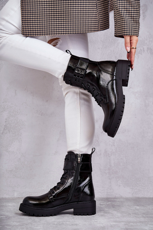 Women's Lace-up Laquered Flat Heel Boots Black Firmina