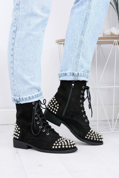 Lu Boo Women's Boots Suede Black Workers with Tension Studs