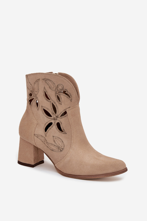 Suede openwork women's ankle boots on heel Zazoo 3647 beige