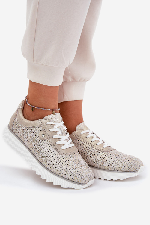 Sneakersy Zamszowe Damskie Platforma Z Brokatem Złote D&A LR51-927
