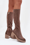 Knee-high eco suede boots on a heel Vinceza 58332 dark beige
