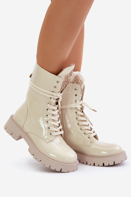 Lacquered Insulated Worker Ankle Boots With Decoration Beige Kelilea