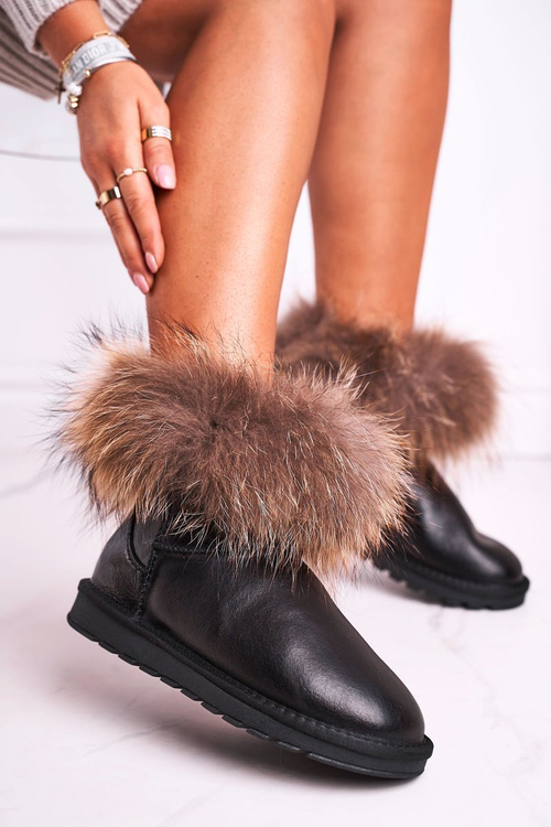 Women's Leather Snow Boots With Eko Fur Patent Black Alexa