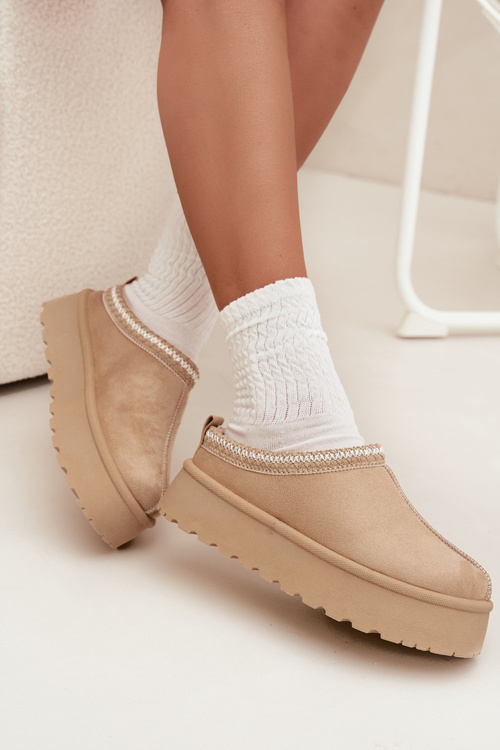 Low Women Snow Boots With Embroidery On Platform Light Beige Narirya