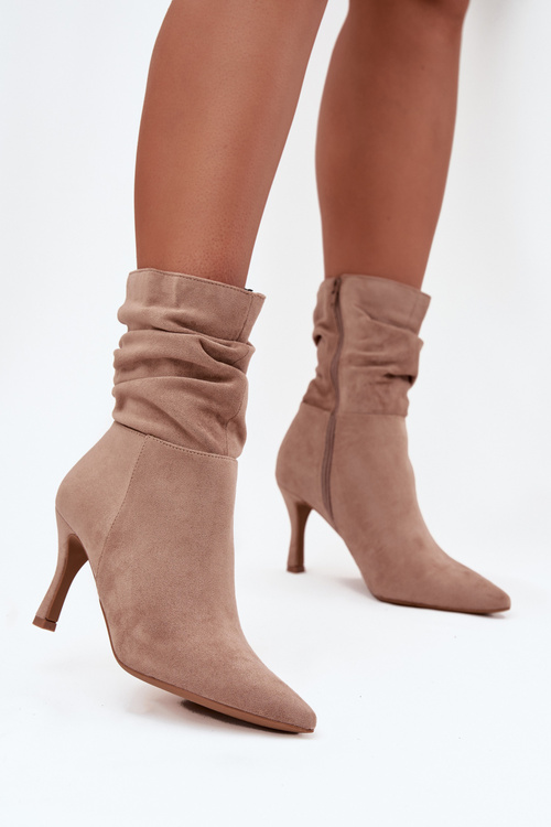 Women's Heeled Ankle Boots With Wrinkled Shaft Eco Suede Zip Beige Ulisse