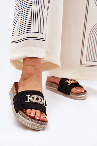 Women's Slippers With Golden Detail On Platform With Glitter Black Eanes