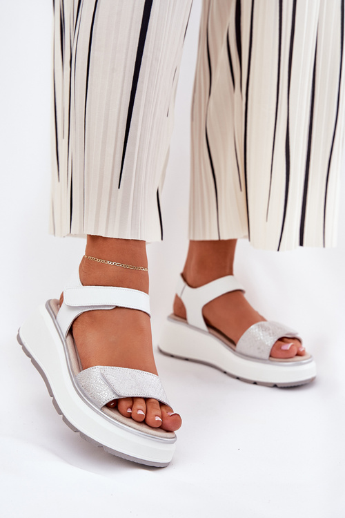 Women's Leather Sandals On Platform And Wedge With Velcro S.Barski LR51-543 Silver