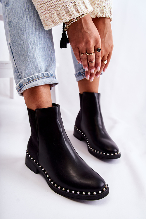 Leather Slipper Boots with Pearls Black Jilanna