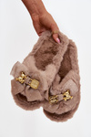 Fur Women's Slippers With Bow And Gold Decoration Dark Beige Nolara