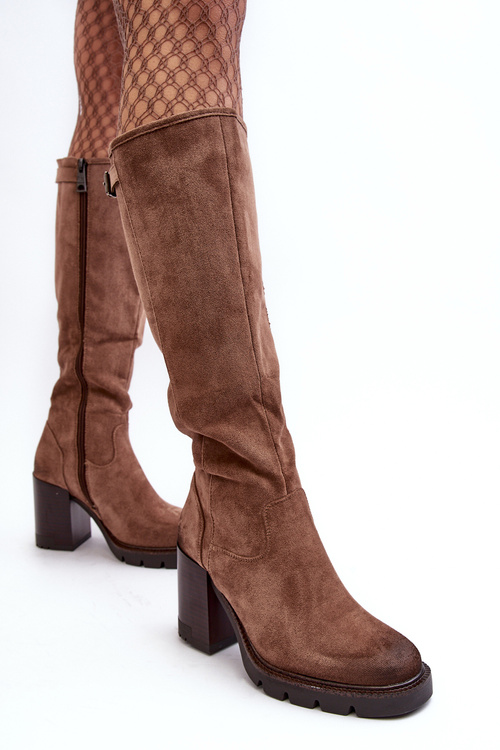 Women's Chunky Heel Boots with Padded Dark Beige Alzeta