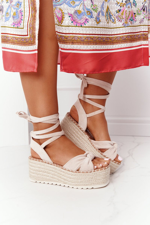 Lace-up Sandals On A Braided Platform Beige La Palma