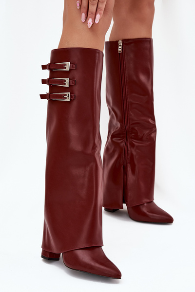 Women's Heeled Boots Turned Shaft Straps With Buckles Burgundy Nirisa