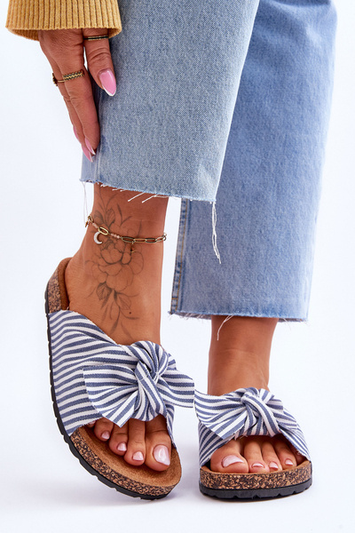 Flip Flops On Cork Platform With White And Blue Stripes Festive