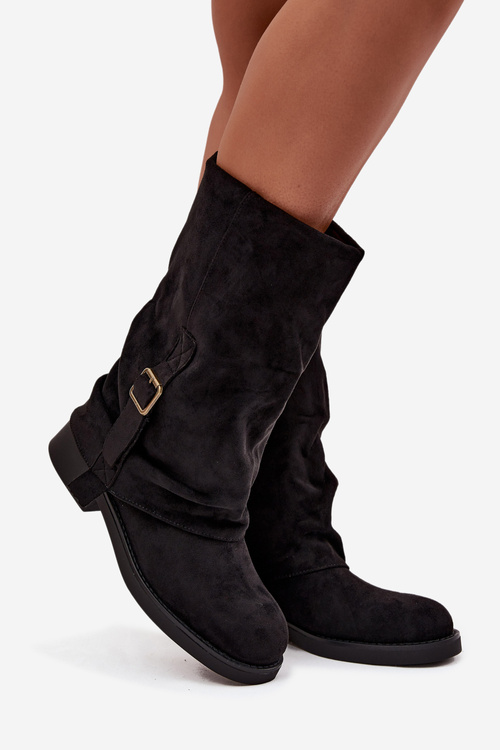 Women's Boots with Turned Cuff to Mid-Calf with Buckle Black Minelle