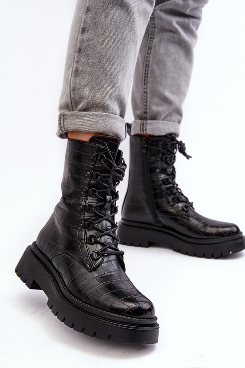 Women's Workery Boots with Decorative Embossing Black Tarolia