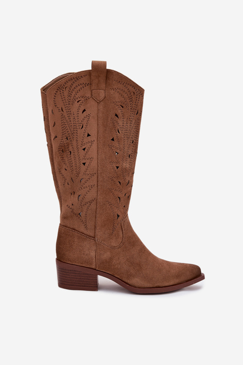 Cowboy Boots With Perforated Pattern On Low Heel Khaki Selirae