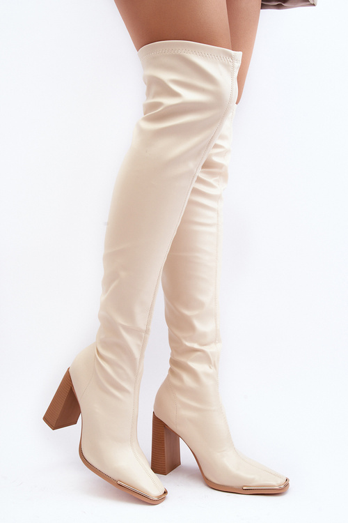 Women's Over-the-Knee Boots with Block Heel Beige Orcella