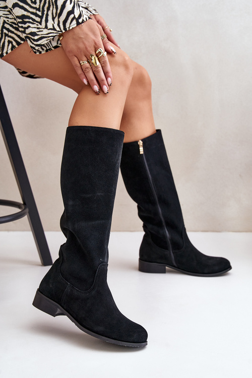 Suede Women's Knee-High Boots with Zipper Lewski 3616 Black