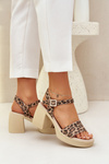 Sandały Damskie Na Klocku Skóra Panterka Brązowo-Beżowe Zazoo 40386
