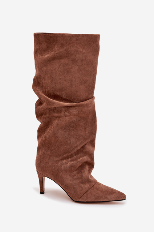 Wrinkled High Heel Boots Made of Eco Suede Lined Dark Beige Mavella