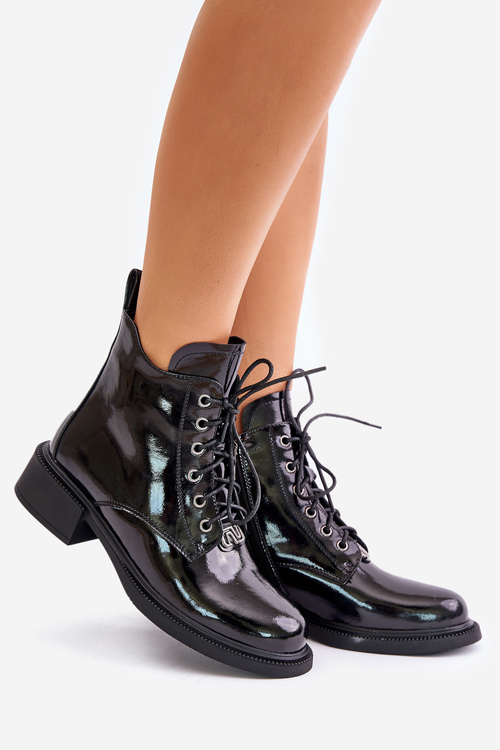 Leather Patent Ankle Boots With Insulation Black Bellani