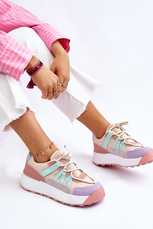Buty Sportowe Damskie Zamsz Platforma Beżowo-Różowe Rohan